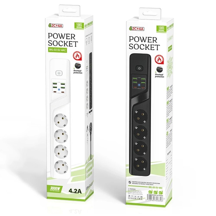 IN-127 Удлинитель BKL-03-3 сетевой 2м на 4 розетки и 4 USB