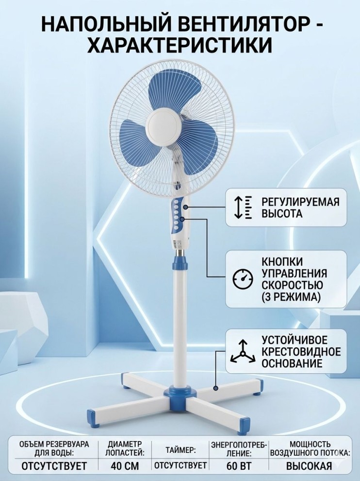 VR-044 Вентилятор лопастной напольный 40см,3 режима обдува, для дома и офиса крафт упаковка