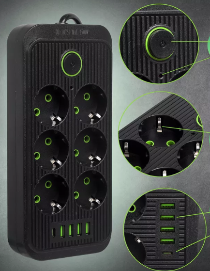 IN-107 Cетевой фильтр F06U 2 м на 6 розеток и 4 usb черный