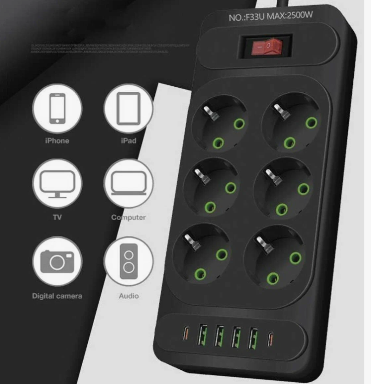 IN-119 Сетевой фильтр F33U 2м на 6 розеток и 4 usb черный