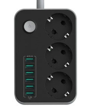 IN-096 Сетевой фильтр  2.5м 6 usb 3 розеток черный