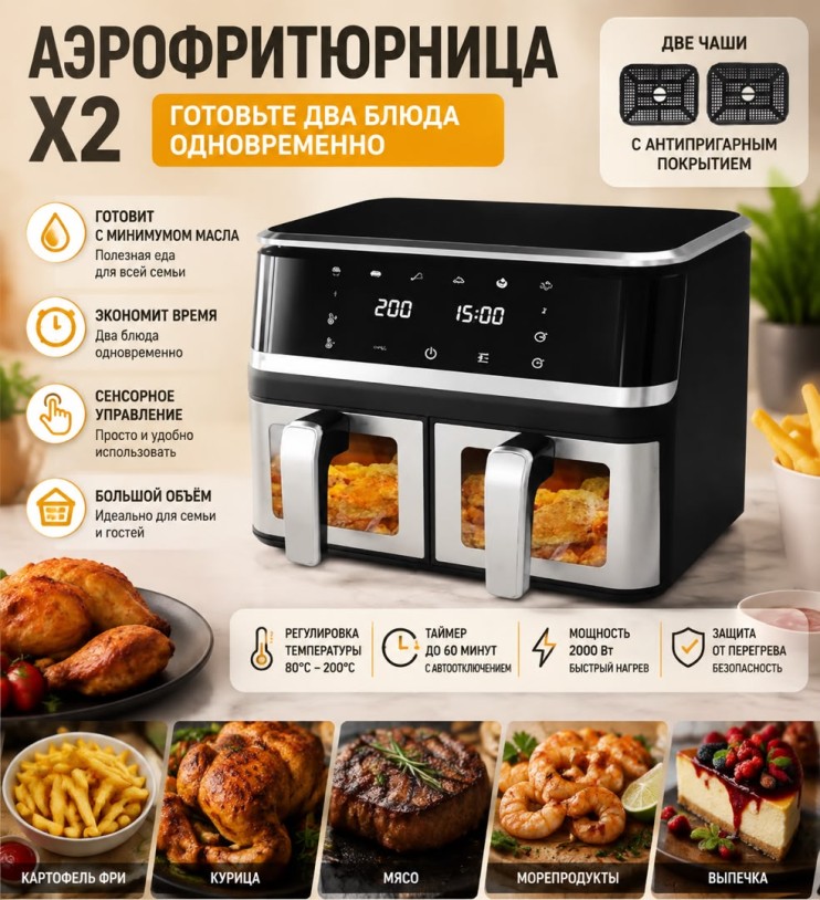 KP-773 Аэрогриль Air Fryer Double Duct 8019D двухчашевый,электрическая мультипечь с окошком, с двумя независимыми чашами,2000 Bт