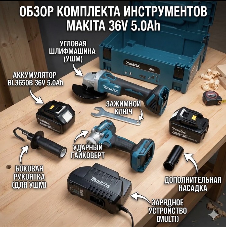 IN-008 Набор электроинструментов Makita шлифмашина + гайковерт 2в1 ,36V