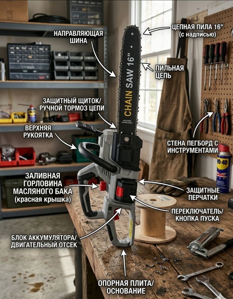 IN-010 Пила Chain Saw  16-дюймовая электрическая цепная ,7500 об/мин с бесщеточным двигателем аккумулятор 4.0ahx2 