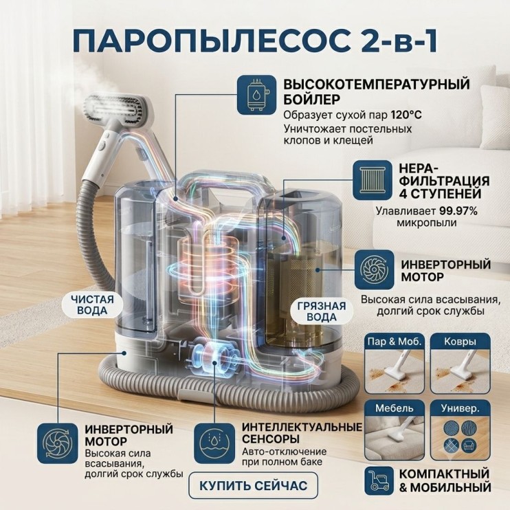 RZ-149 Пылесос моющий 2в1 с паром вертикальный для дома, мебели и ковров, пароочиститель ручной беспроводной с фильтром, бытовая техника для уборки комнат   