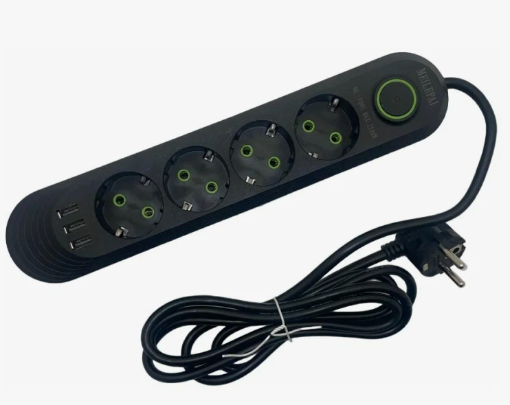 IN-098 Cетевой фильтр F04U 10м на 4 розетки и 3 usb входа черный