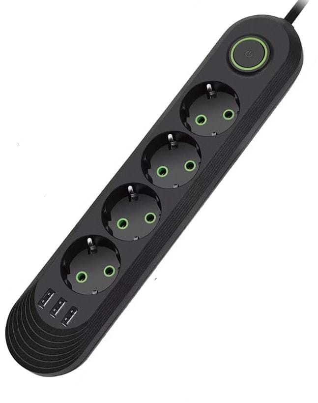 IN-098 Cетевой фильтр F04U 10м на 4 розетки и 3 usb входа черный