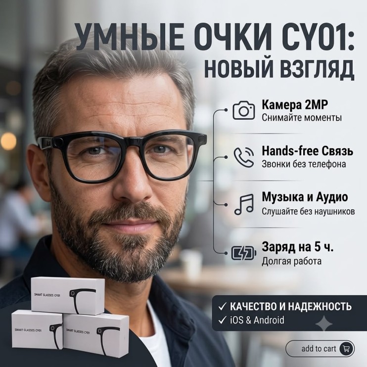 TV-099 Очки Smart Glasses CY01умные с камерой,Bluetooth наушниками и микрофоном, беспроводные смарт очки мужские и женские для телефона