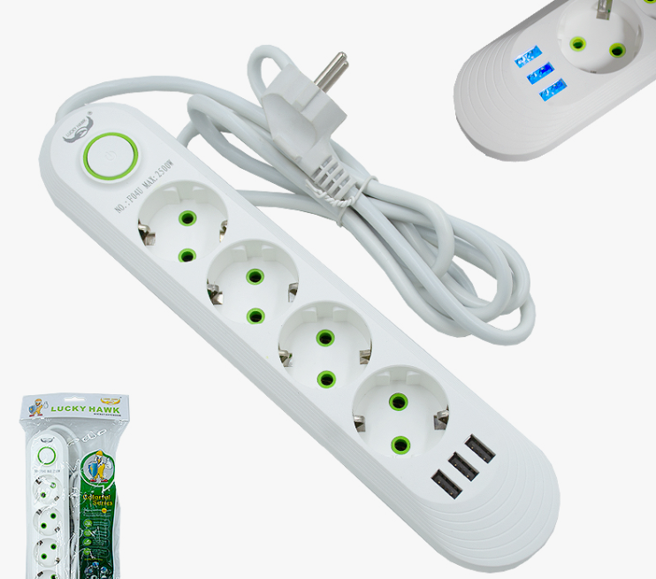 IN-104 Cетевой фильтр F05U 10м на 5 розеток и 3 usb входа белый