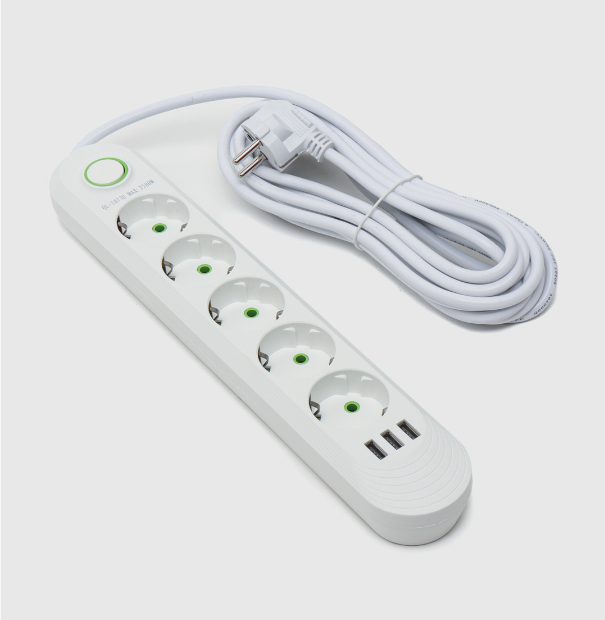 IN-104 Cетевой фильтр F05U 10м на 5 розеток и 3 usb входа белый