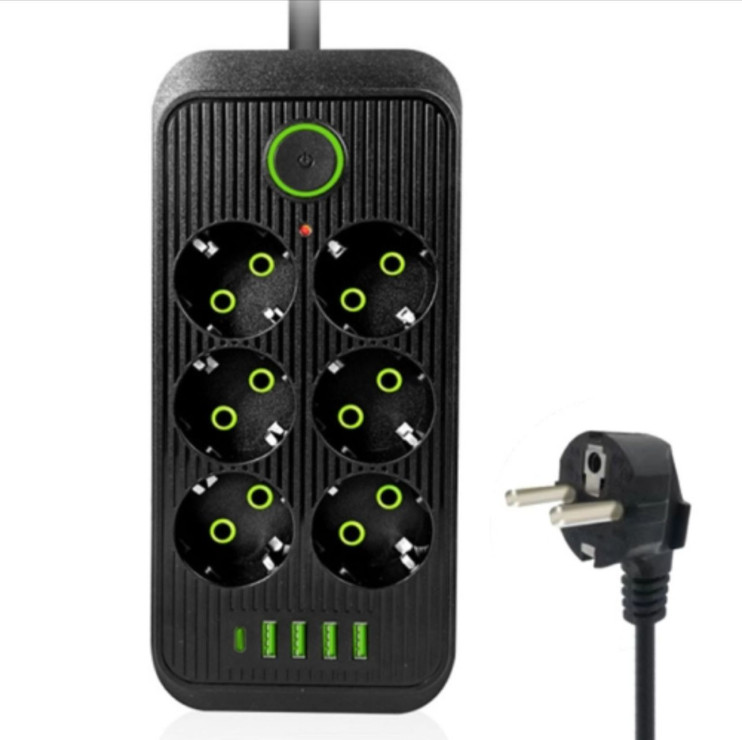 IN-111 Сетевой фильтр F06U 7м 6 розеток 4 входа usb черный