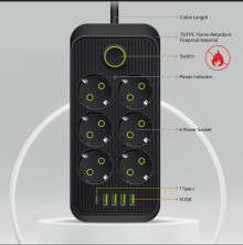 IN-111 Сетевой фильтр F06U 7м 6 розеток 4 входа usb черный