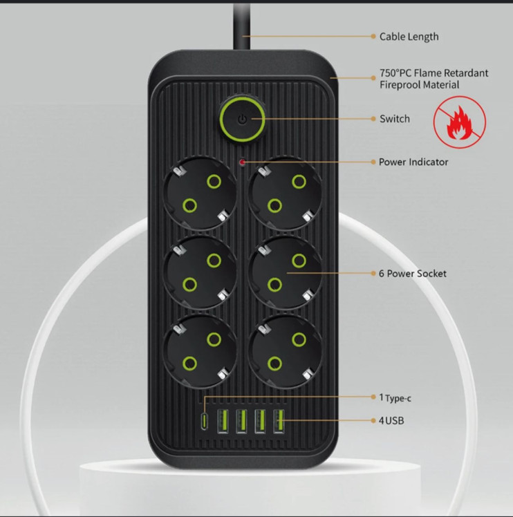 IN-111 Сетевой фильтр F06U 7м 6 розеток 4 входа usb черный