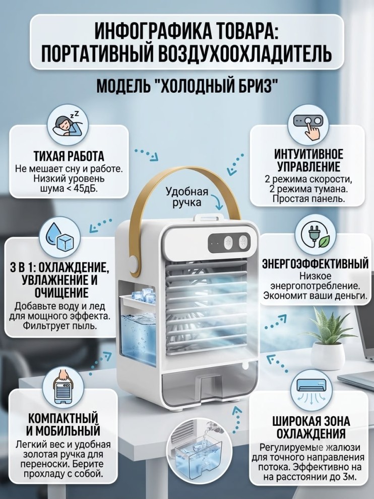 VR-998 Вентилятор Portable Desktop охлаждающий,мини кондиционер настольный ,мобильный воздухоохладитель, увлажнитель с ручкой
