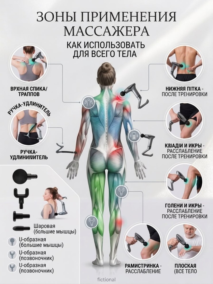 MS-277 Массажер Separable Vibrating Massager перкуссионный для тела с удлиненной ручкой, электрический вибромассажер пистолет для спины, шеи и мышц,4 насадки