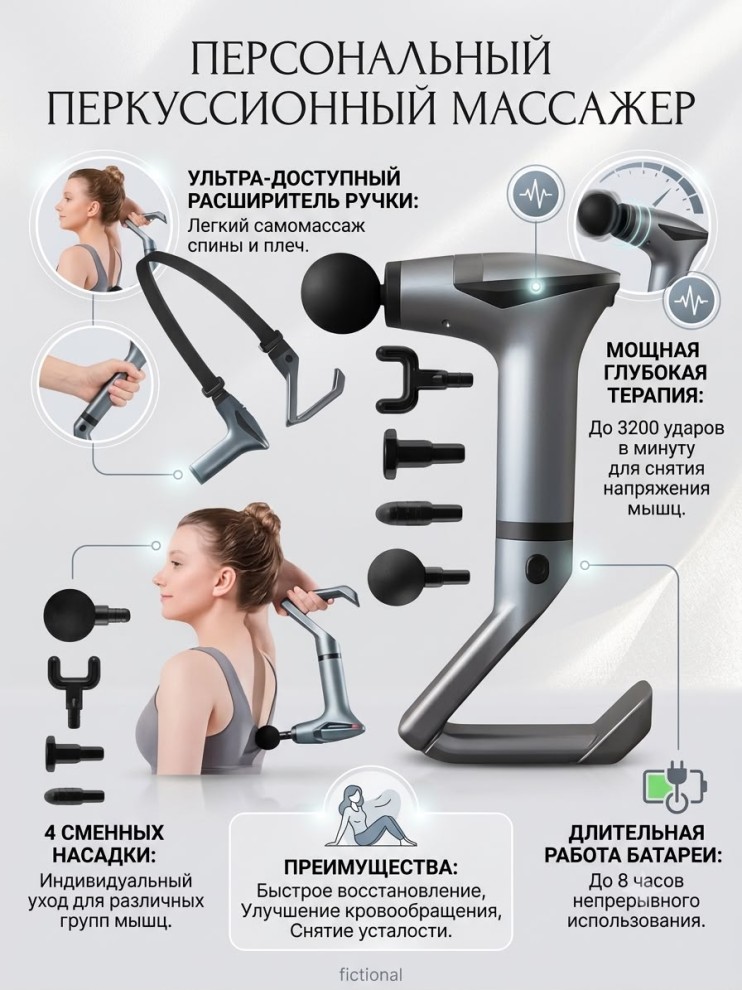 MS-277 Массажер Separable Vibrating Massager перкуссионный для тела с удлиненной ручкой, электрический вибромассажер пистолет для спины, шеи и мышц,4 насадки