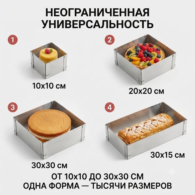 RZ-696 Форма Cake mould для выпечки регулируемая квадратная раздвижная, кулинарная форма из нержавеющей стали для сборки десертов 15-28см (8см)