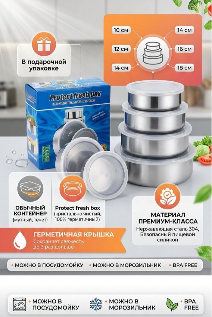 KP-587 Набор контейнеров  Protect Fresh Box  для хранения с герметичной крышкой 5 шт
