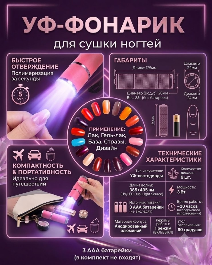 FNA-209 Уф-фонарик портативный для сушки ногтей 9Led, мини Uv лампа для гель лака,базы,топа