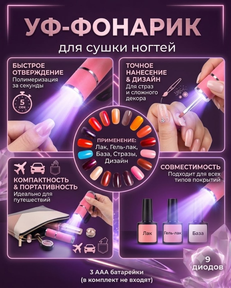 FNA-209 Уф-фонарик портативный для сушки ногтей 9Led, мини Uv лампа для гель лака,базы,топа