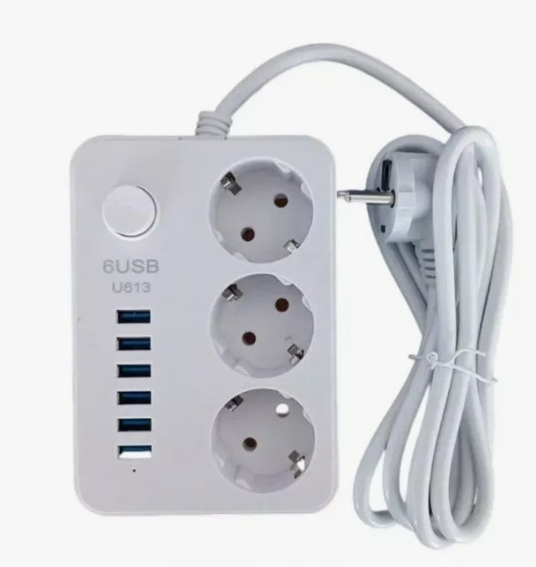 IN-147 Сетевой фильтр 2м на 3 розетки и 6 usb белый