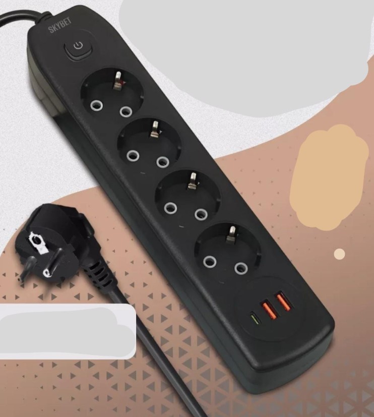 IN-148 Сетевой фильтр 2м на 4 розеток и 2 usb черный