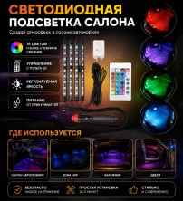 AV-192 Подсветка светодиодная RGB в салон автомобиля 12V, 4LED ленты ,пульт Ду ,подсветка ног ,дверей и багажника 18 диодов