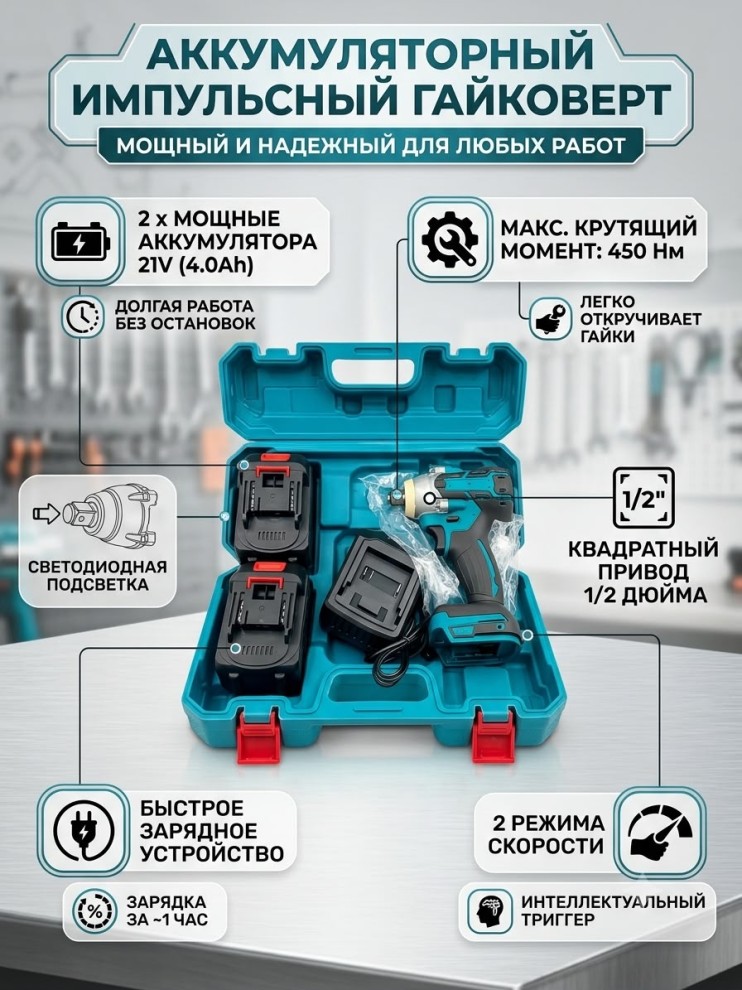 IN-268 Гайковерт аккумуляторный импульсный ,бесщеточный ударный с 2 Акб с зарядным устройством в кейсебатареями
