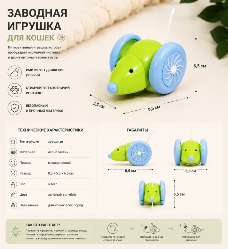 TV-010 Игрушка "Мышка" CRY-086 для кошек заводная механическая мышь, интерактивная без батареек