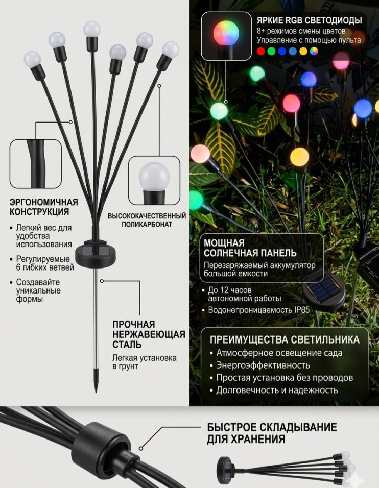 FNA-008 Фонарь Solar-powered firefly lamp садовый на солнечной батарее 2шт,уличный декоративный фонарь Rgb