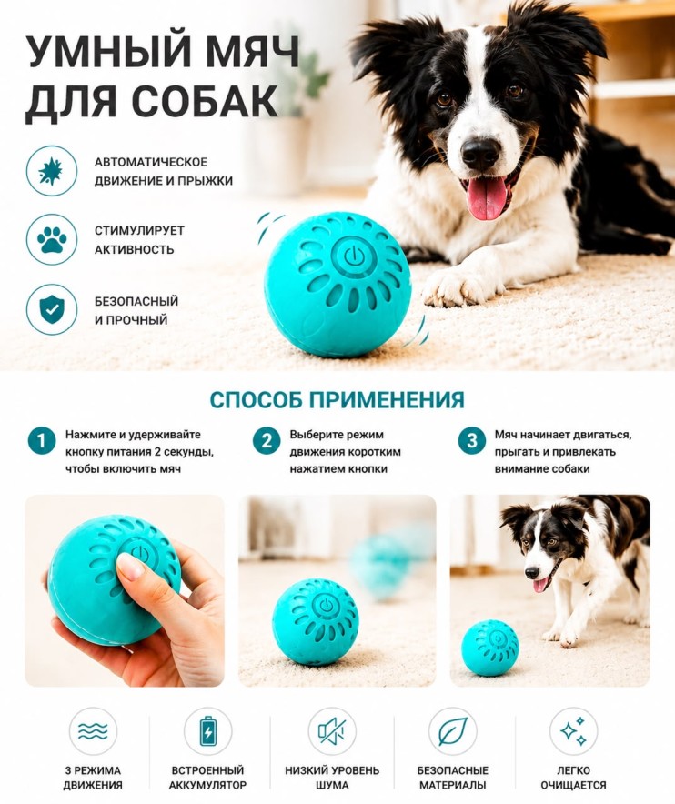 TV-018 Умный мяч Colorful Smart Dog Toys для собак интерактивный автоматический, самоподвижная игрушка для домашних животных и кошек