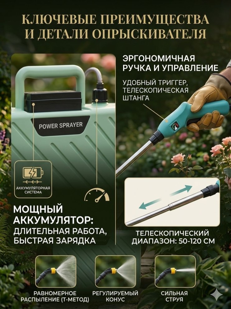 RZ-377 Опрыскиватель аккумуляторный садовый для растений и огорода, электрический распылитель с телескопической штангой и 3 насадками