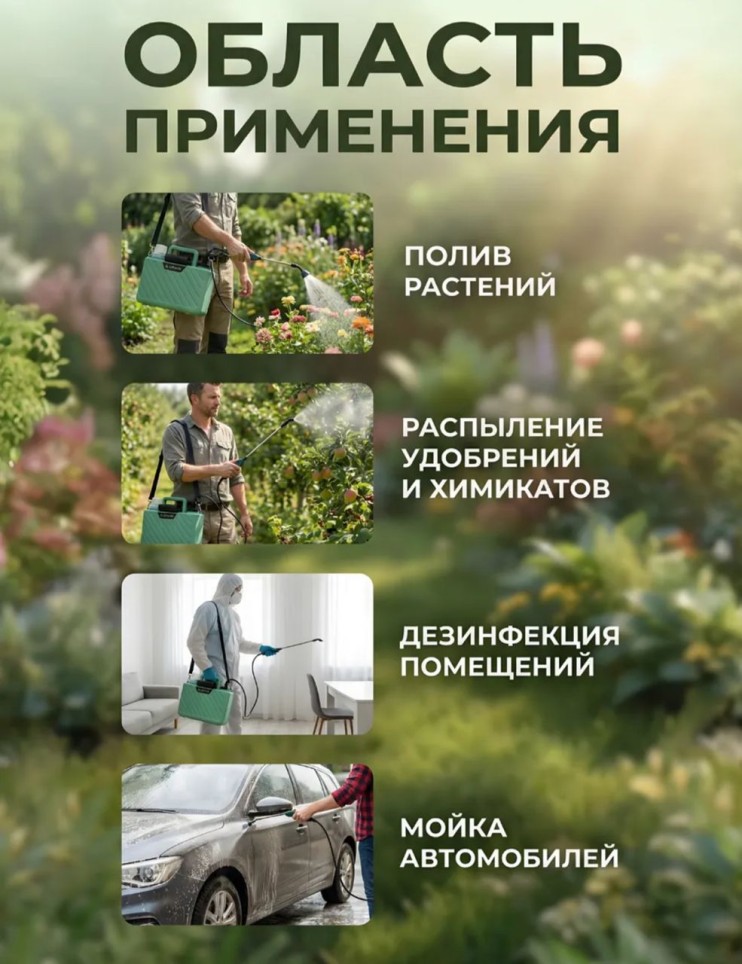 RZ-377 Опрыскиватель аккумуляторный садовый для растений и огорода, электрический распылитель с телескопической штангой и 3 насадками